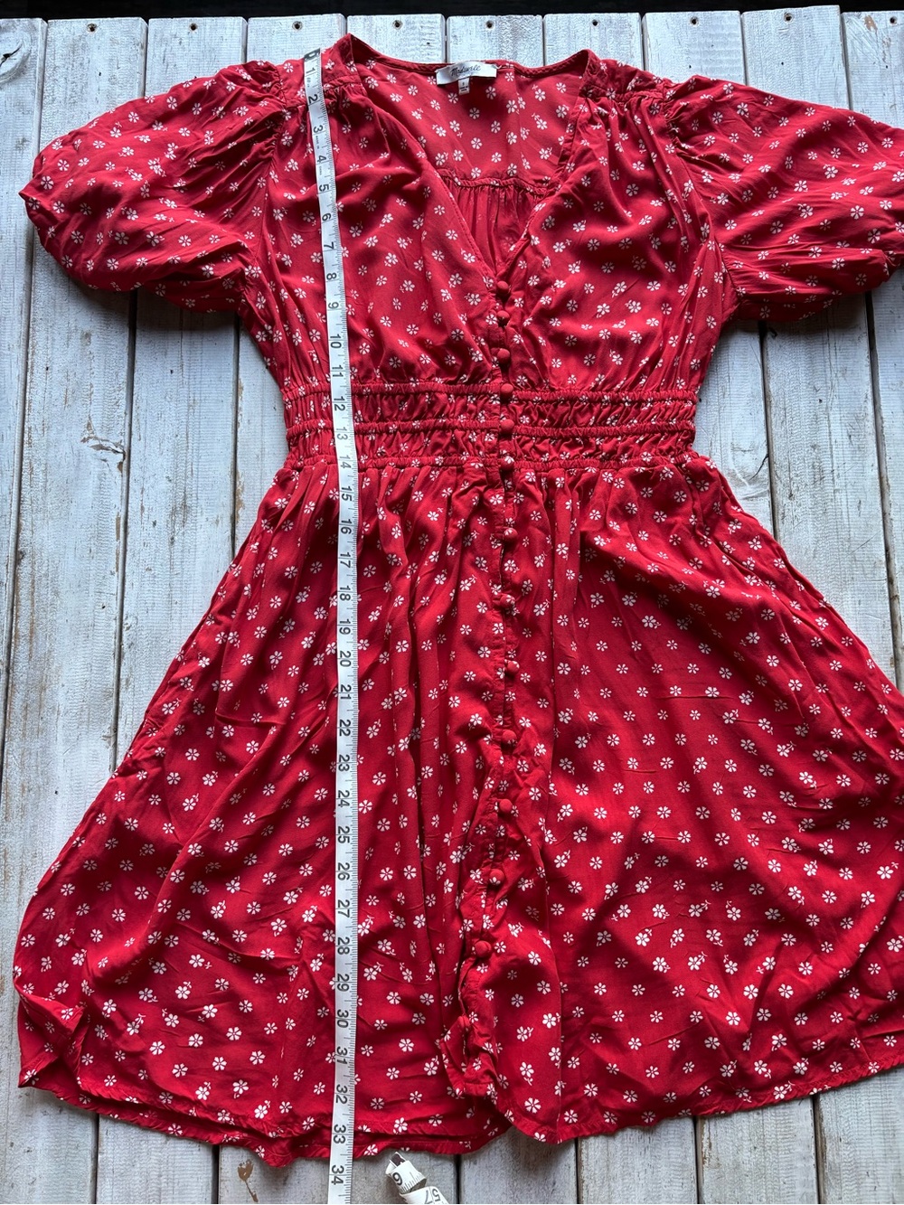 Madewell Red Floral Smocked Puff Sleeve Mini Dress Small - Picture 3 of 10